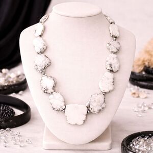 Graduated Howlite "White Turquoise" Slab Statement Necklace White Stone 24"